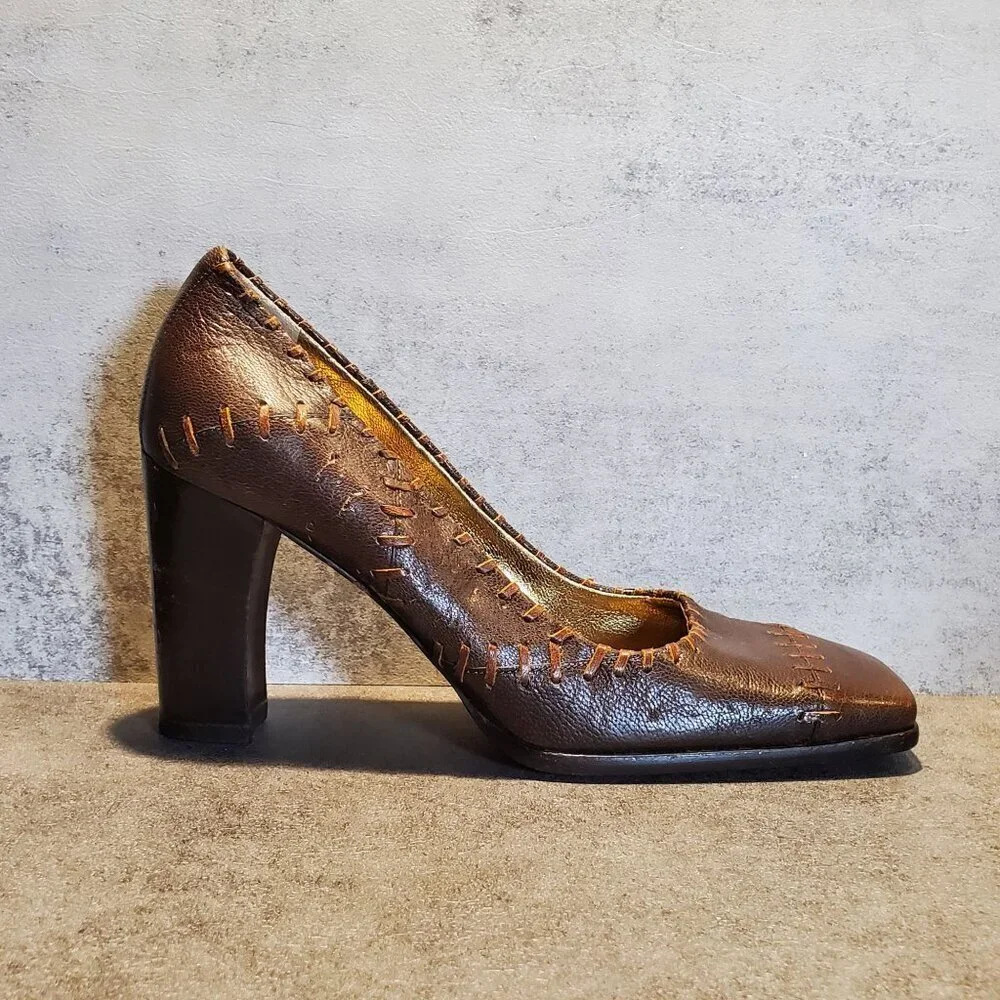 Dolce & Gabbana Vintage Y2K 90s Quiet Luxury Brown Leather Square Toe Heels 39